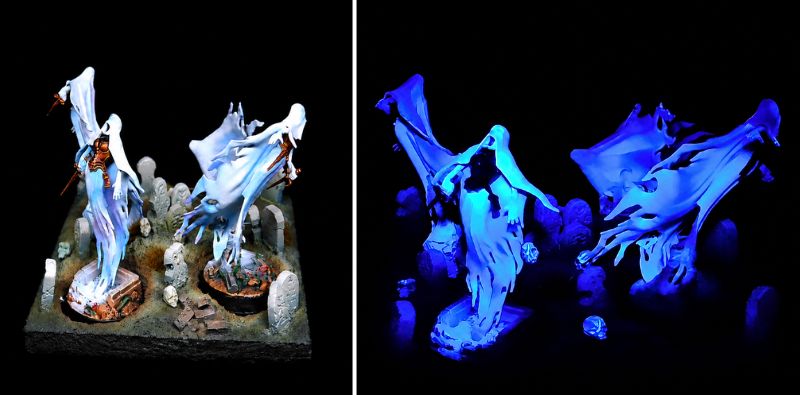 Ghost miniatures painted with fluorescent paints
